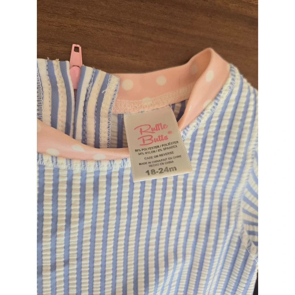 RuffleButts Girls Blue‎ Seersucker Striped Rash Guard Swimsuit Set 18-24M